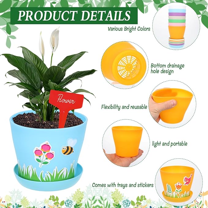 30 Pack Garden Paper Pot Craft Kit, Durable Resin Garden Pot with Tray Drainage Holes Adhesive Stickers Certificate of Award with Tag, Flower Plant Spring Craft for Classroom Home DIY Flower Planting