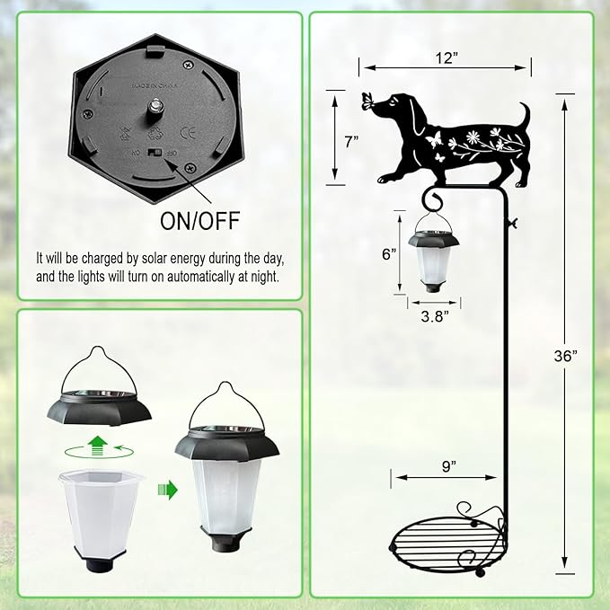 Solar Floor Lamp with Plant Stand Outdoor,Metal Dachshund Dog Garden Decorations,Solar Lanterns Outdoor Front Porch Decor for Deck,Patio,Yard