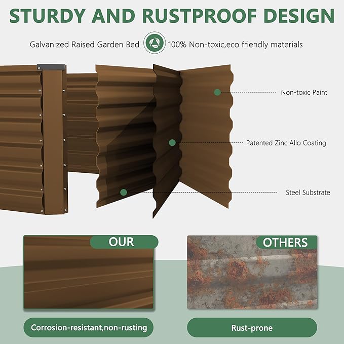 FOOWIN 2pcs 8x4x2ft Galvanized Raised Garden Bed, Planter Raised Garden Boxes Outdoor, Large Metal Raised Beds for Gardening, Garden Bed for Vegetables, Flowers, Herb,478 Gallon Capacity, Brown