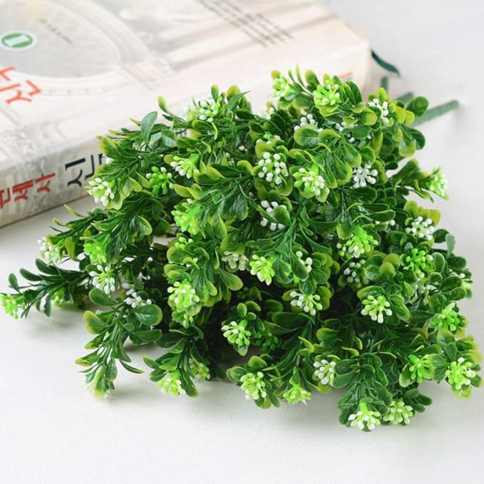 PASYOU Artificial Shrubs, Plastic Plants Fake Bean Shrub Bushes Grass Greenery Leaves Bush Indoor Outdoor Home Garden Party Verandah Wedding DIY Table Arrangement Decoration Planter Filler 4 Pack