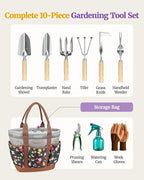 10-Piece Garden Tool Set with Reinforced Organizer Handbag, Heavy-Duty Stainless Steel Gardening Tools with Premium Ergonomic Wood Handles, Professional Rust-Proof Gardening Gift Set for Women, Mother