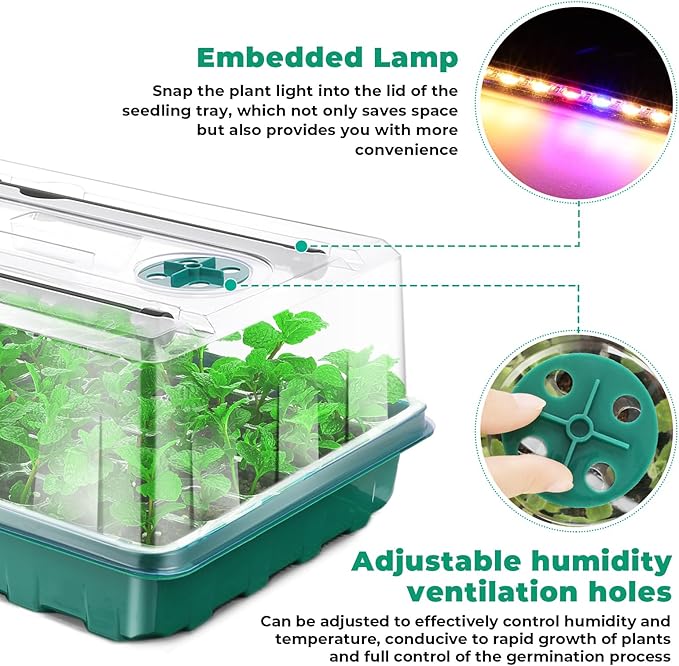 Seed Starter Tray with Grow Light, 192-Cell Seed Starter Kit, Seedling Starter Trays with Humidity Domes, Automatic Timer, Adjustable Light Indoor Gardening Plant Germination Trays