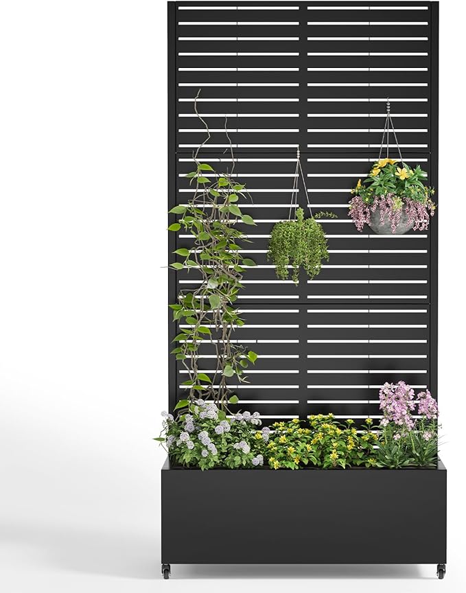 Metal Planter Box with Trellis,72"x35"x15",Galvanized Raised Garden Bed Trellis Outdoor Planter with Privacy Screen & Wheels and Drainage Holes,for Patio Climbing Vegetables,Flowers,Vines,Black