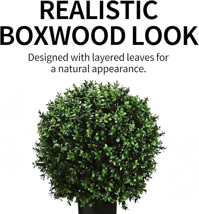 26" H x 18" W Artificial Boxwood Topiary Ball – Realistic UV-Resistant Artificial Shrub with Weighted Pot, Set of 2 – Indoor/Outdoor Year-Round Green Décor for Porch, Garden, Patio