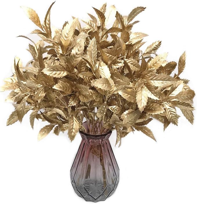 PASYOU Artificial Golden Plants, Fake Foliage Shrubs Decor Plastic Faux Plant for Indoor Outdoor Home Garden Office Party Hall Verandah Wedding DIY Christmas Decoration Gold Leaves Bundles - 3 Pack