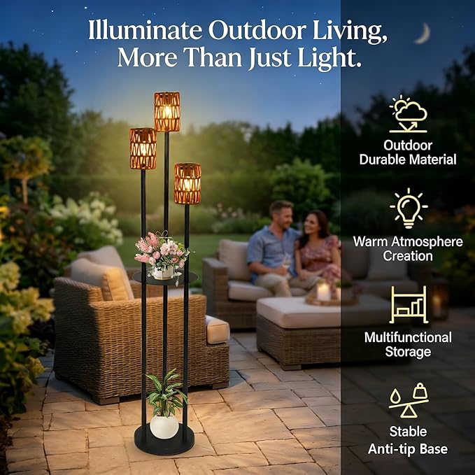 Solar Outdoor Floor Lamp Waterproof, Cordless Outdoor Lamps for Patio with Shelves Plant Stand, Rattan Solar Lamp for Outside, Wireless Outdoor Light for Yard Garden Deck Porch Decor