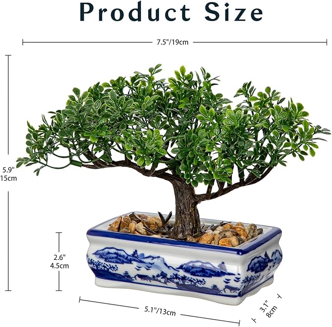 Artificial Bonsai Tree with Blue and White Porcelain Pot, Fake Bonsai for Home Office Desk Decor, Oriental Zen Tabletop Decoration, Faux Bonsai Plant for Living Room, Shelf & Gift