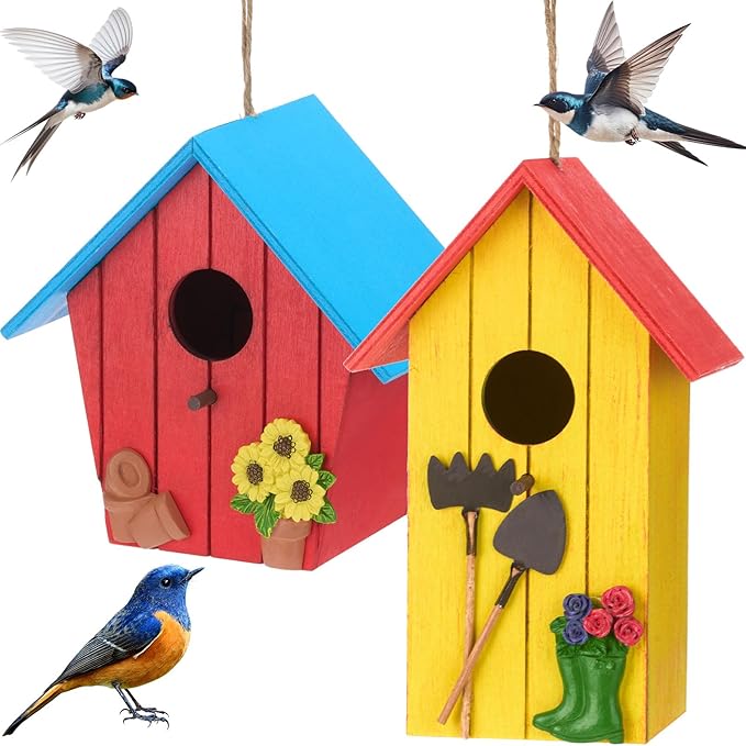 DoubleFill 2 Pcs Birdhouses for Outdoor Hanging Yard Outside Wooden Birdhouse Hand Painted Bird Box for Bird Lovers Bluebird Tree Garden Decor Decorative Birdhouse(Red,Yellow,Wooden Roof)