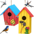 DoubleFill 2 Pcs Birdhouses for Outdoor Hanging Yard Outside Wooden Birdhouse Hand Painted Bird Box for Bird Lovers Bluebird Tree Garden Decor Decorative Birdhouse(Red,Yellow,Wooden Roof)