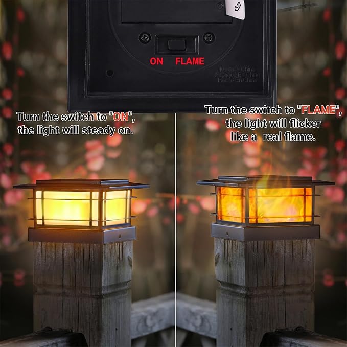 Dynaming 4x4 Solar Post Cap Lights Outdoor with Flickering Flame Light, Black Shell Fence Post Solar Lights Fit Vinyl/Wooden Posts, Brightness LED Lighting Decor for Garden Deck Patio, 12 Pack