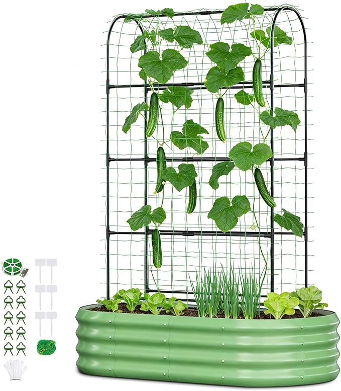 2 in 1 Galvanized Raised Garden Bed with 71" H Arch Trellis for Climbing Plants, Outdoor Gardening Planter Box with Climbing Net for Flowers Vegetables Fruits Herbs, Green