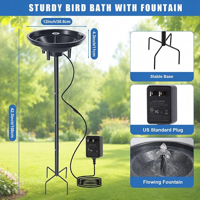 Bird Bath with Fountain Set, 42 Inch Height Outdoor Freestanding Pedestal Birdbath Bowl with Metal Ground Stake, Wiring Protection Box and Tape, Weather-Resistant Decorative for Garden Yard