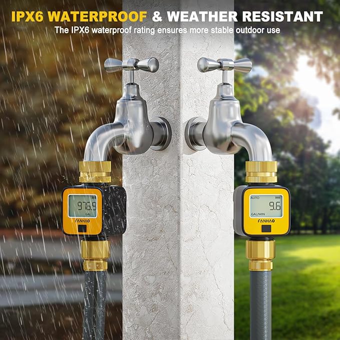 FANHAO Water Flow Meter with Brass Inlet Metal Thread, Measure Gallon/Liter Consumption and Flow Rate, High Accuracy & IPX6 Waterproof for Outdoor Garden Hose Watering, RV Water Tank Filling