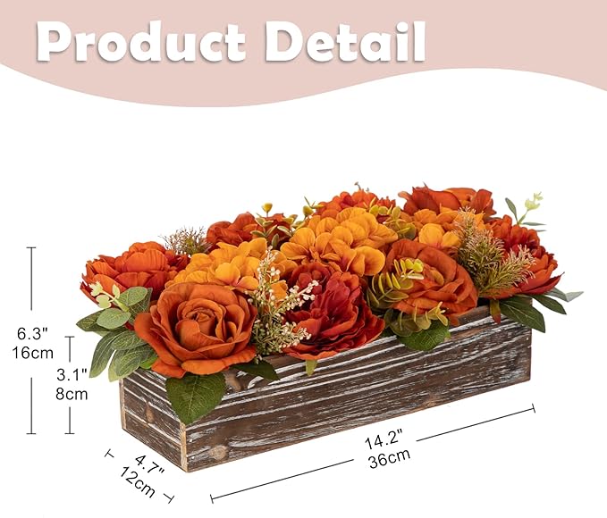 DILATATA Flower Arrangement with Wooden Vase 14" Artificial Flowers in Pot - Fake Flowers Roses Peonies Hydrangeas in Wooden Vase Potted Flower Centerpieces for Table Decor Living Room - Dried Orange