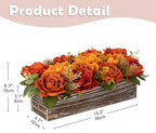 DILATATA Flower Arrangement with Wooden Vase 14" Artificial Flowers in Pot - Fake Flowers Roses Peonies Hydrangeas in Wooden Vase Potted Flower Centerpieces for Table Decor Living Room - Dried Orange