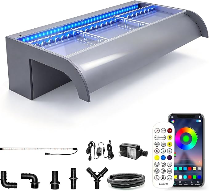 with lid Pool Fountain, LONGRUN Waterfall Spillway for Koi Ponds - 23.6" Transparent Acrylic Waterfall with APP Control & Multi-Color LED Lights for Swimming Pool, Garden Pond, Patios, Spa Decoration
