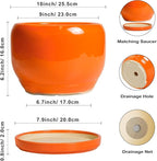 SQOWL Ceramic Planter - 10 Inch Plant Pot with Drainage Hole and Saucer, Round Modern Planter for Indoor Outdoor Plants, Decorative Large Flower Pot, House Decor, Gifts for Women Men, Orange
