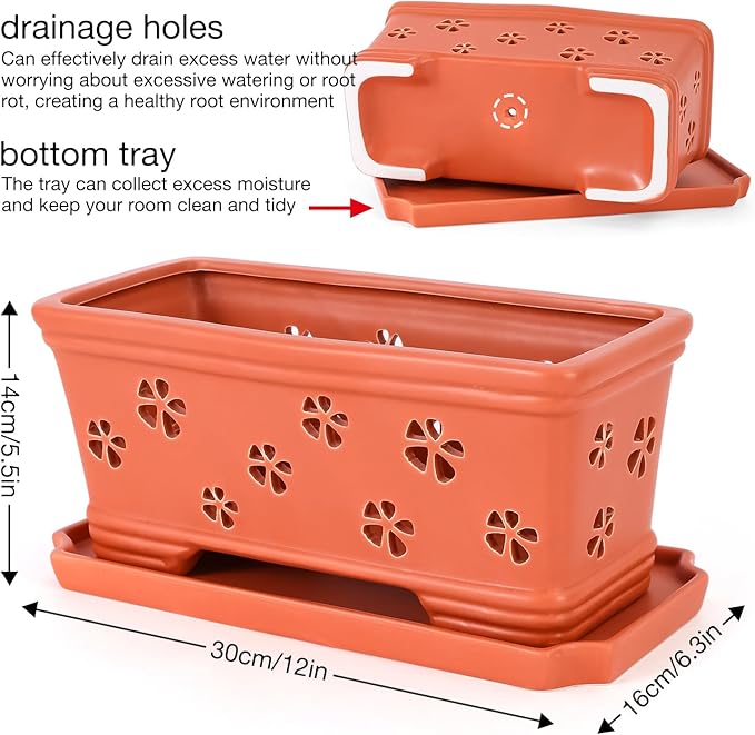 12 * 6.3 * 5.3 Inch Rectangle Ceramic Orchid Pot with Holes & Saucer - Red Effective Drainage & Ventilation for Indoor Orchids