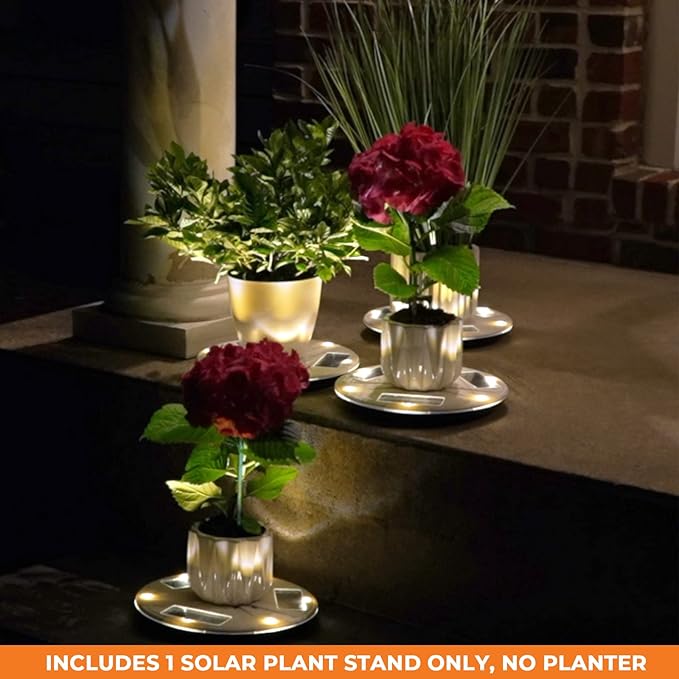 Gama Sonic Illuminated Plant Stand for Outdoor, Solar Power, White Base for Exterior Potted Plants, Entryway, Pathway, Landscape Planter Lighting (77i50265)