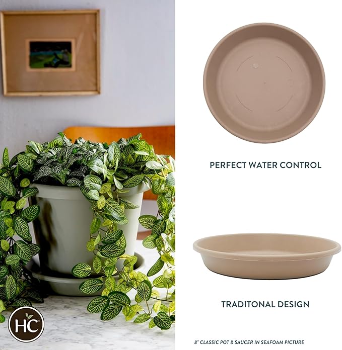 The HC Companies Flower Pot Saucers - Plastic Plant Saucer for Outdoors & Indoors - Traditional Design Plant Pot Trays for Water Drainage - Durable & Stylish Round Plant Tray (16-inch Sandstone)