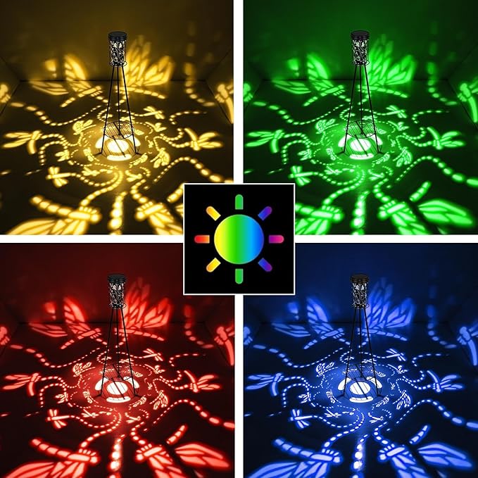 RGB Dragonfly Projection Solar Floor Lamps Outdoor,Metal Floor Light with Plant Stand,42.48" Decorative Waterproof Lighting for Garden,Patio,Porch,Yard,Deck
