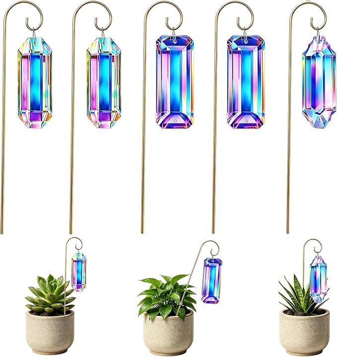 5 Pack Big Crystal Suncatcher Plant Stakes with Golden Trellis – AB Colored Prisms for Indoor Potted Plants, Rainbow Maker Garden Sun Catcher, Window Hanging Crystals for Home Outdoor Decor