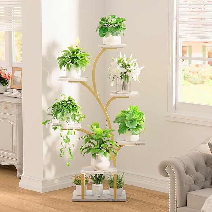 BACEKOLL Plant Stand Indoor with Grow Lights, 7 Tiered Indoor Plant Shelf, 49" Corner Plant Stands for Indoor Plants, Metal Plant Flower Display Shelf, Tree-Shaped Plant Rack for Home, Faux Marble