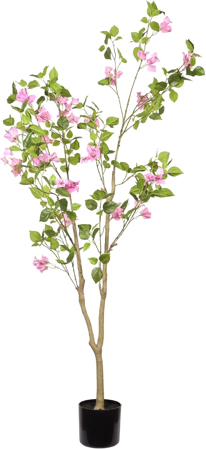 5FT Artificial Flowering Tree, Realistic Faux Bougainvillea with Colorful Blooms, Tall Potted Plant in Black Container, Statement Greenery for Living Room, Office & Sunroom, Easy to Place