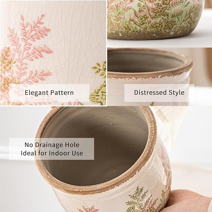 SURE YUESI for Mom from Daughter or Son, Vintage Pink & Green Ceramic Planter Set of 2, 4.7” & 5.7” Rustic Flower Pots for Indoor Plants, Decorative Home & Garden Plant Pots