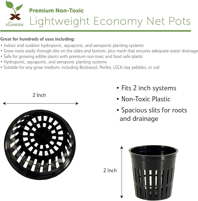 xGarden - Lightweight Economy Net Pots - Thin Lip & Slotted Sides - for Hydroponics & Aquaponics - UV Resistant & BPA Free Plastic - Indoor or Outdoor Growing - Black 2" Round Mesh Pot Cups - 50 Pack
