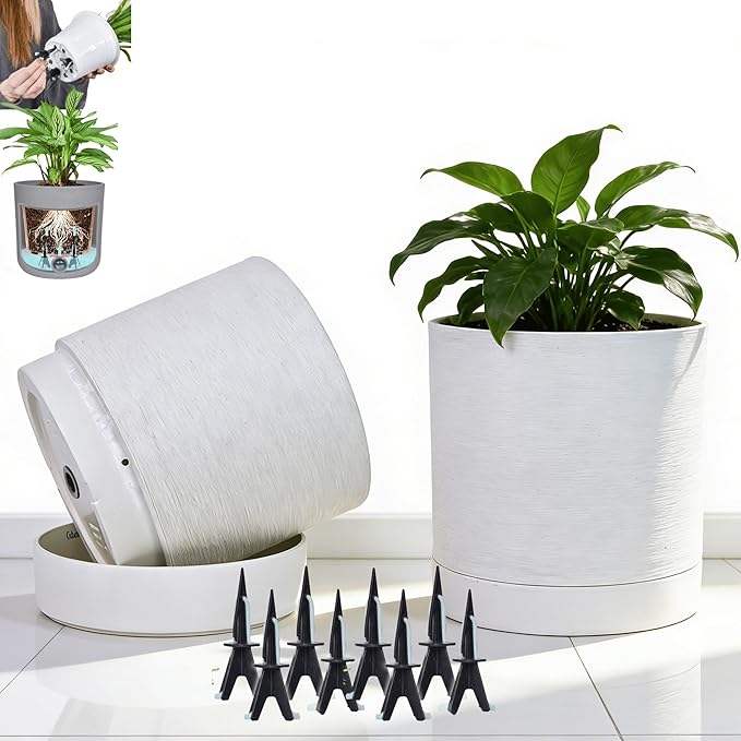 GreenShip Planter Set of 2 (13.8" & 11.8") – Cylinder Planters with Drainage Hole and Planter Saucer, Jun Porcelain Clay & Recycled Resin, Decorate Home,Office & Outdoor,White pots