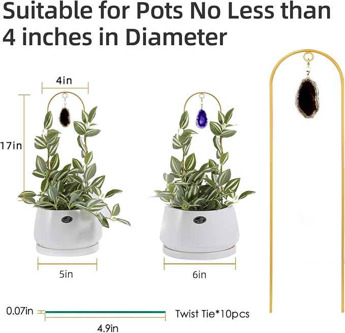 2PCS Small Gold Trellis for Climbing Plants Indoor, Mini Metal Houseplant Climber Support for Potted Plants, Boho Decorative Pot Lattice with Agate for Hoya, Pothos, Ivy, Philodendron