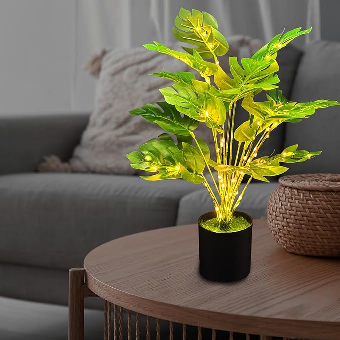 20" Lighted Faux Monstera Plant with LED Lights - USB & Battery Box Powered - LED Artificial Monstera Tree for Living Room, Home Decor, Indoor Decoration (Turtle-Back Bamboo)