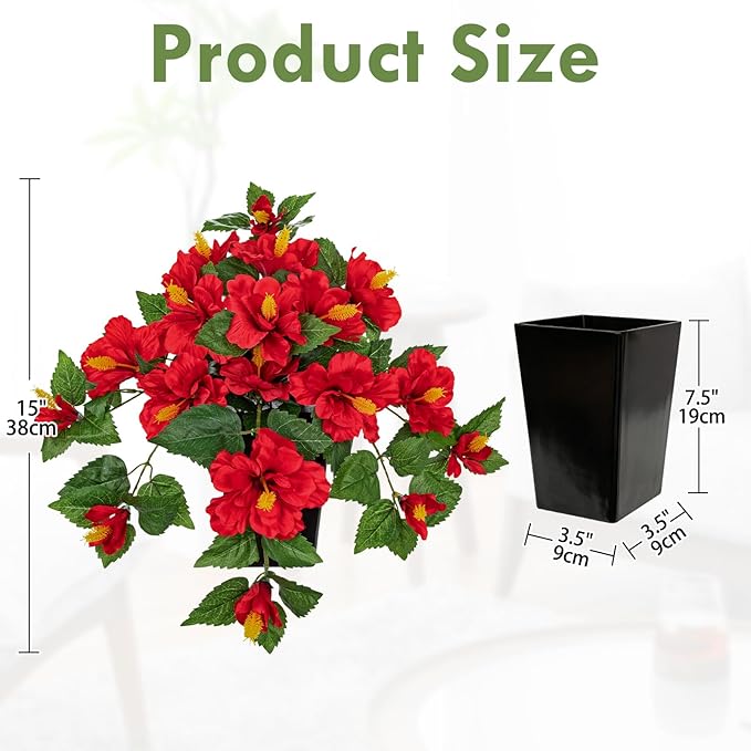 Briful Artificial Hanging Hibiscus Flowers in White Pot, Tropical Faux Hibiscus Plant with Removable Decorative Planter, Red Trailing Flower Basket for Porch Patio Balcony Indoor Outdoor Home Decor