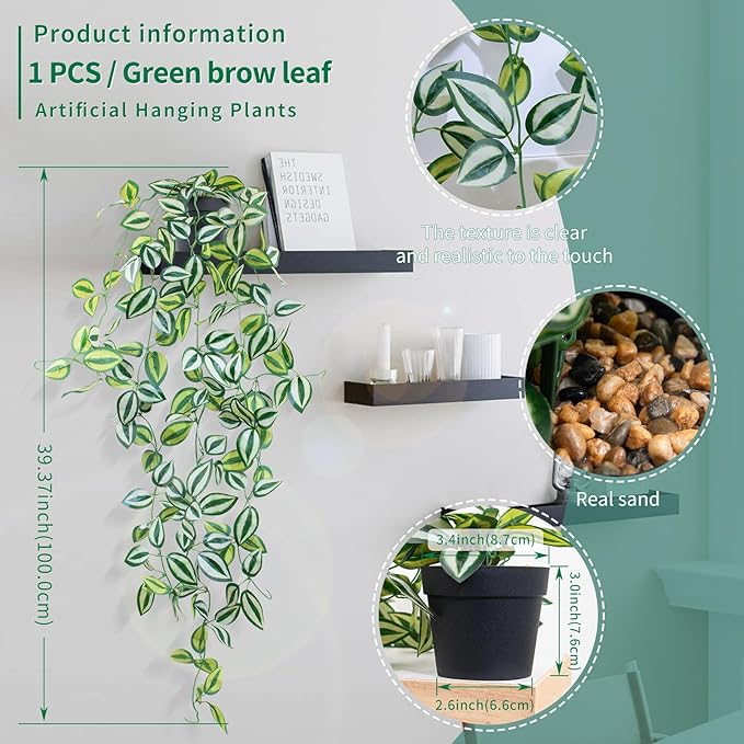 LOYWREE Fake Hanging Plants - Small Potted Plants with Green Eyebrow-Leaf Trailing Vines, Indoor Outdoor Aesthetic Decor for Office, Living Room Shelf & Home Accent (Black Pot)