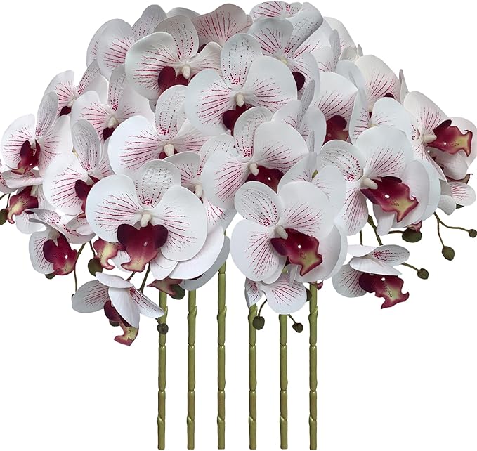 FagusHome 32 Inch Artificial Phalaenopsis Flowers 6 Pcs Artificial Orchid Flowers Stem Plants for Home Décor (White and Purpleline)