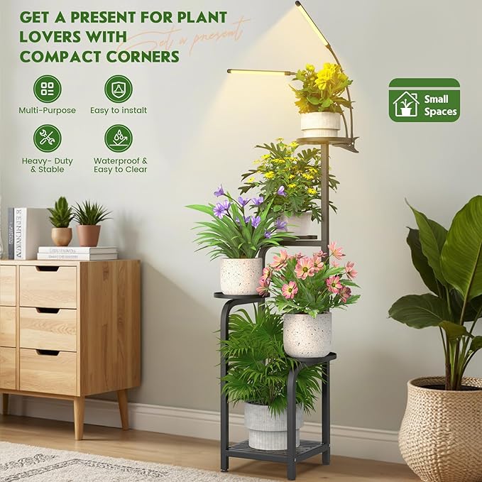 TOSKING 47" Tall 5-Tier Square Iron Plant Stand with Detachable Grow Light ,Heavy Duty Corner Flower Shelf for Indoor Use, Metal Pot Rack for Living Room, Bedroom, Office, Black