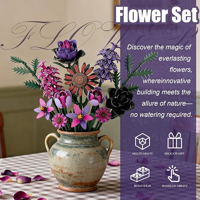 Flower Building Set, Wildflower Bouquet, Artificial Bouquet Flowers Arrangement, Compatible with Lego Botanical Collection for Adults, Dinner Table, Living Room Home Office Decor, Ideal Gift, 614PCS