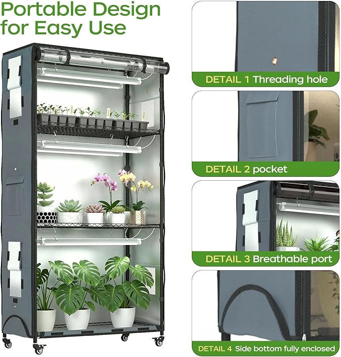 Indoor Greenhouse with 6 Pack 3-Color Grow Light, 36" Wx 14" D x 63" H with 600D Oxford Cloth Cover, 4-Tier Enclosed Plant Stand for Year-Round Indoor Gardening, Timer Plug & Hygrometer