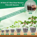 30Pcs Clear Plastic Nursery Pots with Drainage Holes and Saucers, 2.8/3.1/3.5/3.9/5.1/5.9/7.1Inch Seedling Starter Pots with Tool for Indoor Outdoor Gardening Flower, Herb, Succulent Transplanting