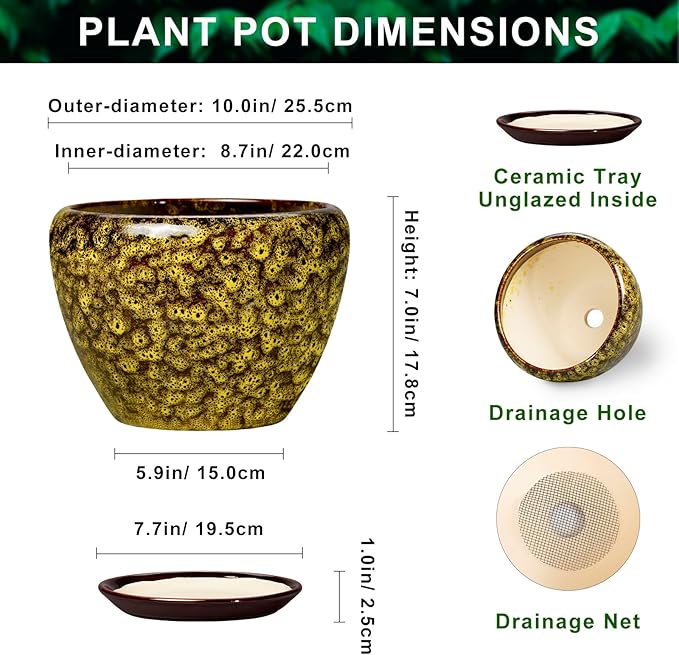 10 Inch Ceramic Pots for Plants - Indoor Plant Pots with Drainage Hole and Saucer, Round Planters for Outdoor Plants, Modern Large Planter, Garden Decor, Gifts for Gardeners, Yellow Leopard