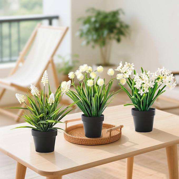 3 Pack Fake Small Plant Artificial Potted Flowers for Home Decor Fake Flower Plant Greenery Mini Faux Plant for Indoor Bedroom Living Room Office Shelf Bathroom Farmhouse Decor (Type 5)