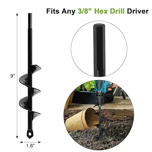 Auger Drill Bit for Planting 1.6 x 9 Inch, Garden Spiral Hole Drill, Bulb Auger, Easy Planter Rapid Planter Bulb & Bedding Plant Auger for 3/8" Hex Drive