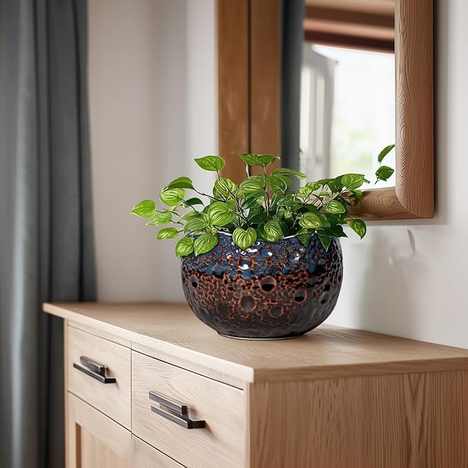 Ceramic Planter - 8 Inch Plant Pots with Drainage Hole and Plug, Unique Flower Pots for Indoor Outdoor Plants, Round Decorative Pots for Plants, Home Decor, Graduation Gifts, Brown-Blue