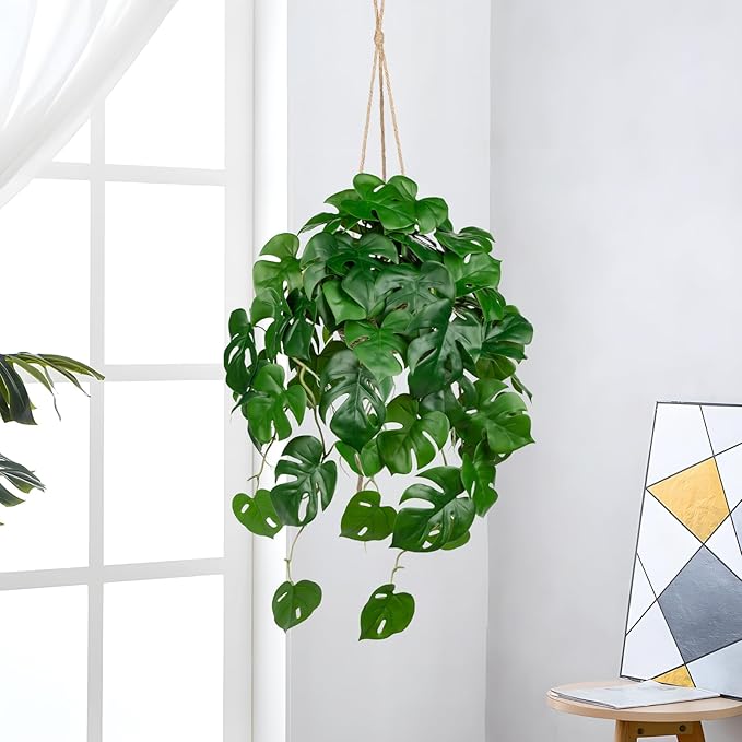 Large Fake Hanging Plants in Pot for Indoor & Outdoor, Long Artificial Hanging Monstera Plants, 27.6" Fake Potted Vines Ivy Greenery Plant for Room Wall Shelf Decor Living Room Bathroom Patio Porch
