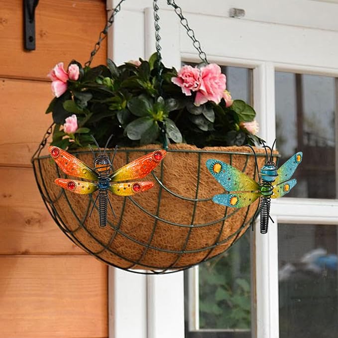 3pcs Dragonfly Decorations for Flower Pots, Colorful Metal Hanging Dragonfly Ornaments Plant Decorations Pot Huggers for Garden Yard Fence Outdoor Decor