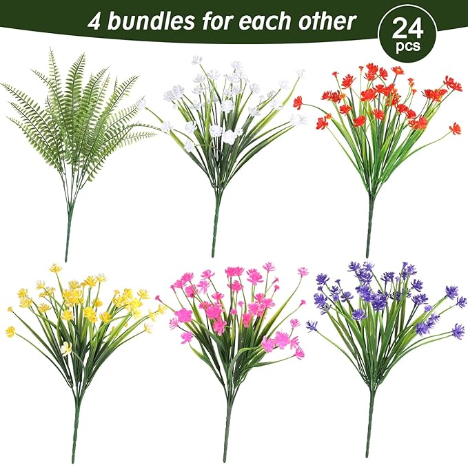 24 Bundles Artificial Outdoor Flowers, UV Resistant Faux Flowers for Outdoor Planters, Plastic Fake Plants for Front Porch Patio Garden Hanging Basket