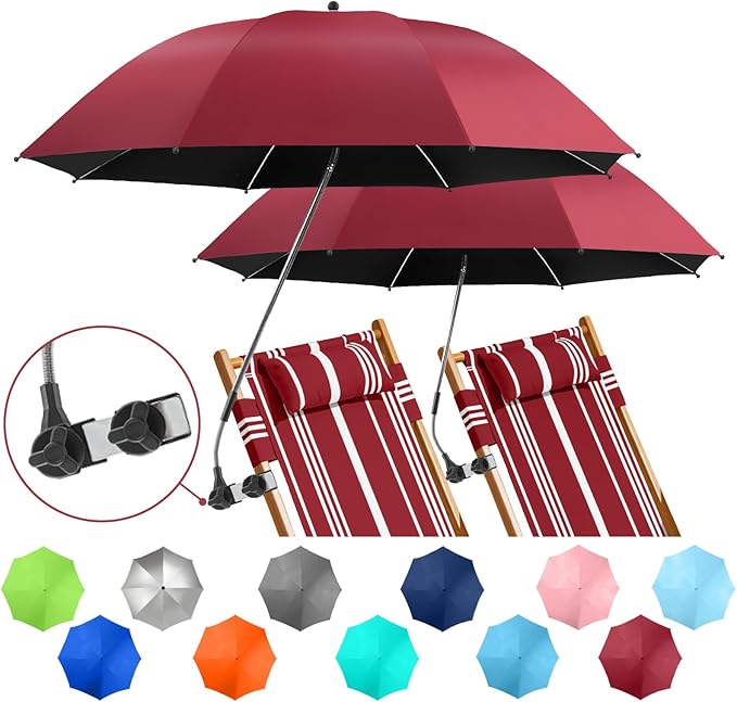2 PACK Beach Umbrella with Clamp, 360 ° Adjustable Umbrellas for Chair, UPF50+ Umbrella for Beach Chair, Patio Chair, Wheelchair, Camping Chair, Golf Carts (Chair Not Included)
