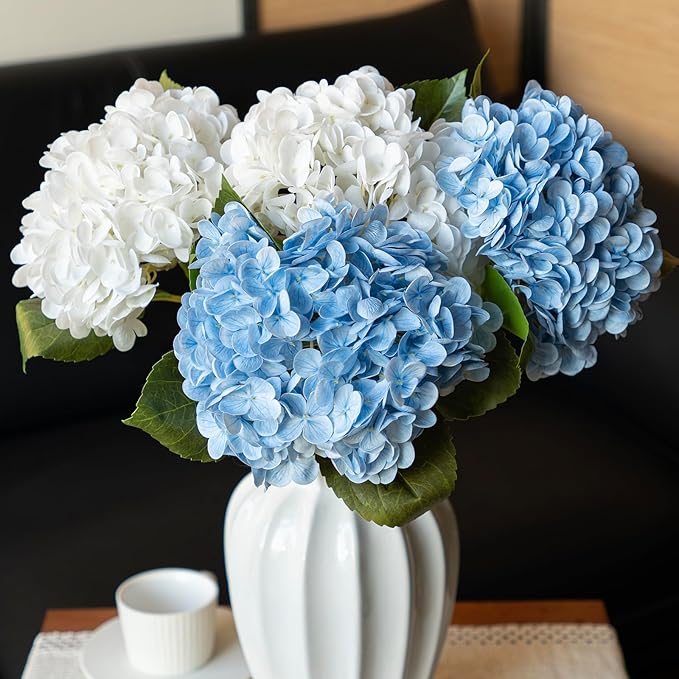 DUYONE 3PCS 22 inch Realistic Artificial Hydrangea Large Flowers Artificial Flowers Dry Flowers Outdoor Wedding Christmas Office Family Party Living Room Table Decoration (Blue)