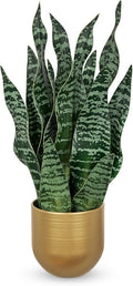 Hollyone Artificial Snake Plant Potted Faux Sansevieria Trifasciata Plants, 16.9" Tropical Mother in Law Tongue Fake Plants in Metal Gold Pots for Home Office Room Indoor Decor Housewarming Gifts
